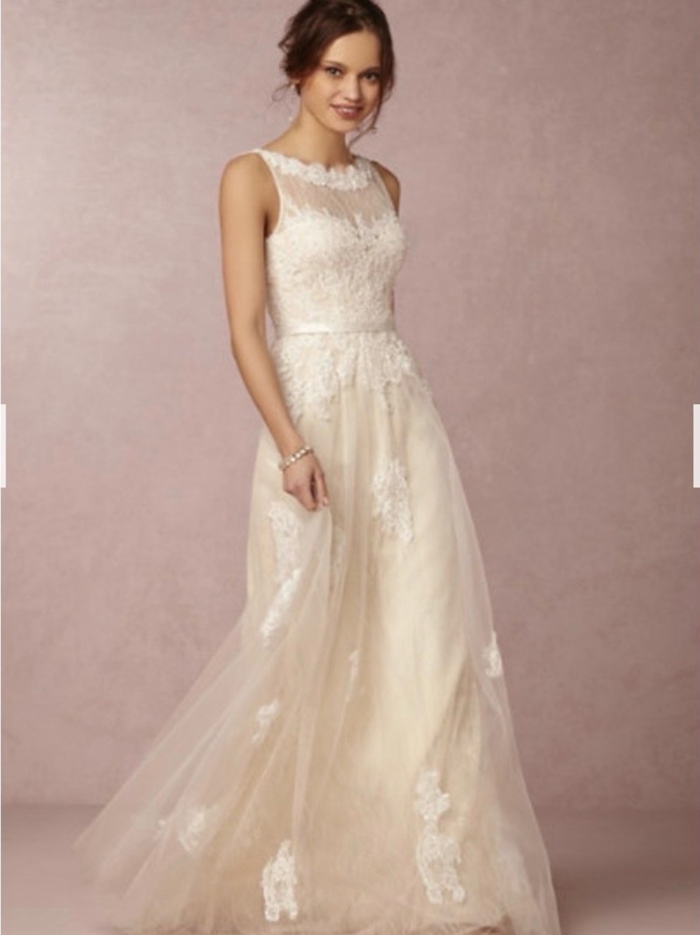 BHLDN Ivory and Champagne Lace A-Line Wedding Gown